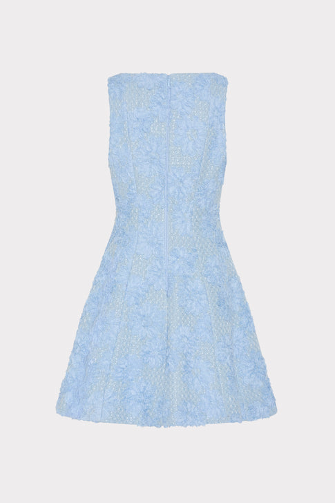 Light Blue Shimmer Tweed Fit-and-Flare Mini Dress - Back View with Zip | MILLY