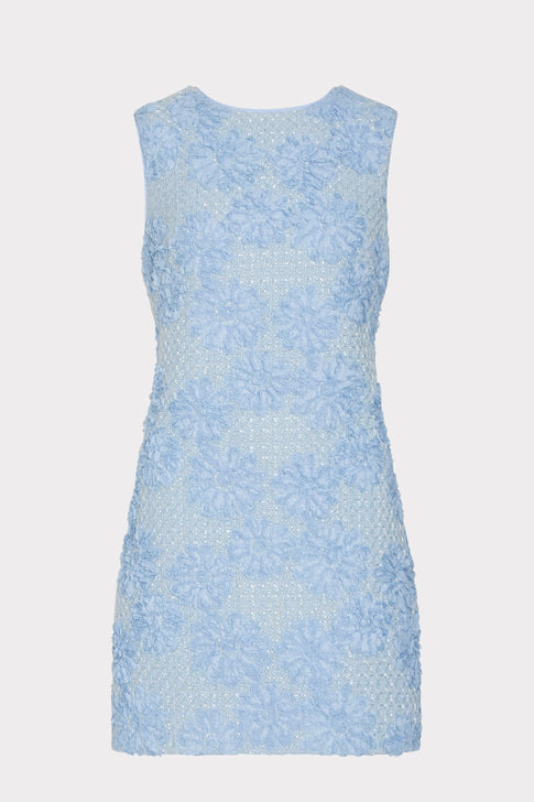 Light Blue Floral Appliqué Tweed Mini Dress - Ghost Front View | MILLY