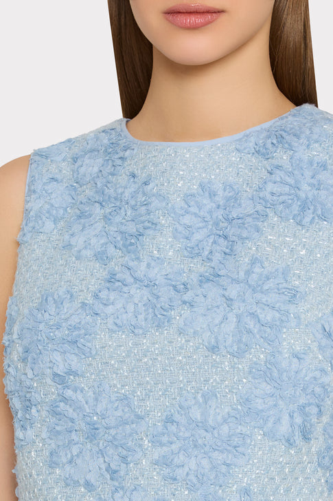 Light Blue Ivette Tweed Mini Dress - Bodice Detail, 3D Floral Appliqué & Shimmer Fabric | MILLY