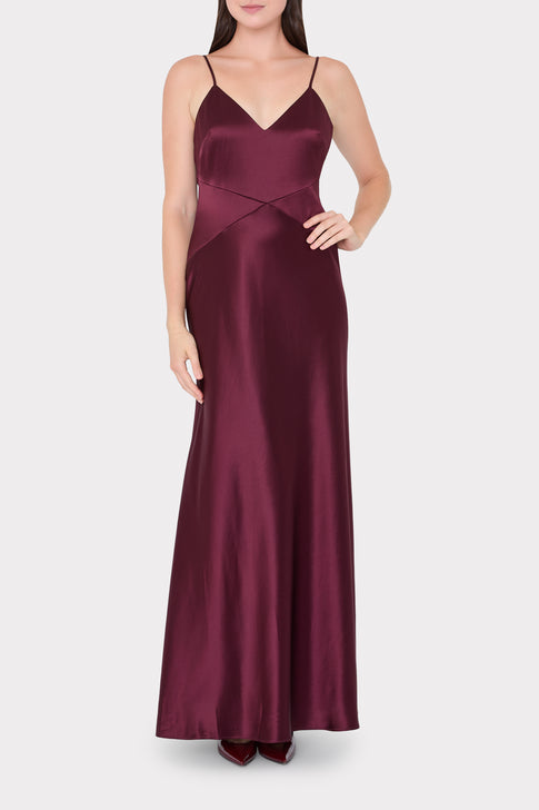 Burgundy Elegant Satin Nyssa Maxi Dress - On Model Front View, Floor-Length Silhouette | MILLY