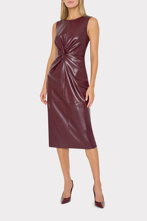 Burgundy Vegan Leather Midi Dress - On Model Front View, Elegant Twist Knot | MILLY