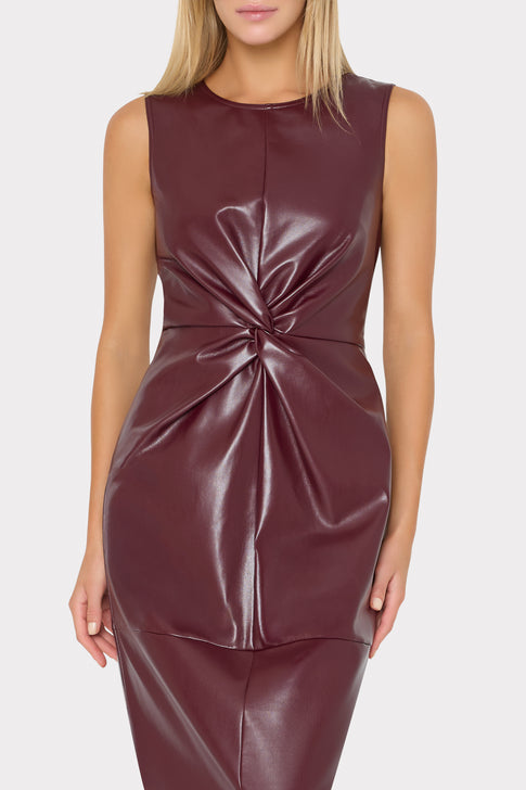 Burgundy Vegan Leather Midi Dress - Front Bodice Close-Up, Twist Knot Detail | MILLY