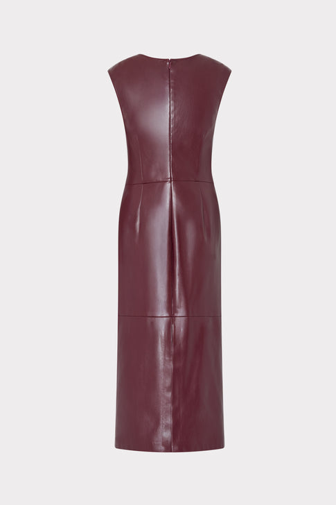 Burgundy Vegan Leather Midi Dress - Back Flat View, Sleeveless Designer Dress | MILLY