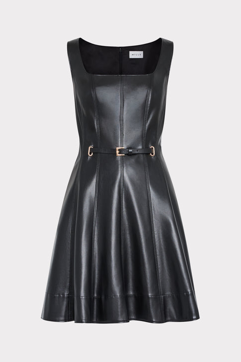 Black Vegan Leather Mini Dress - Front View, Fit-and-Flare with Gold Belt | MILLY