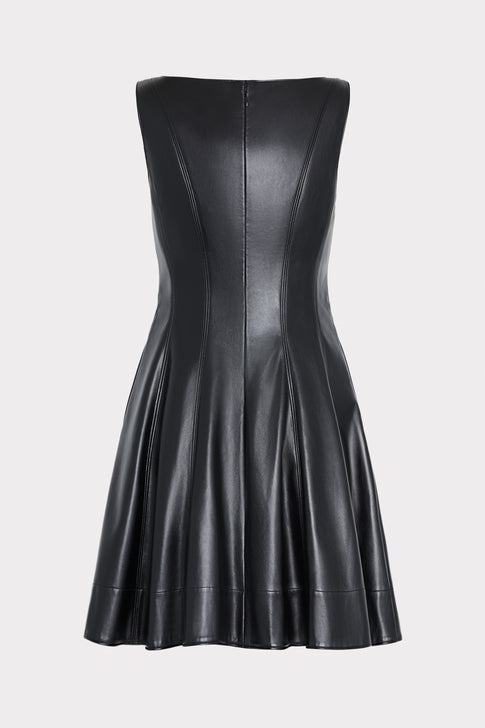 Black Vegan Leather Mini Dress - Back View, Flared Skirt and Center Zip | MILLY