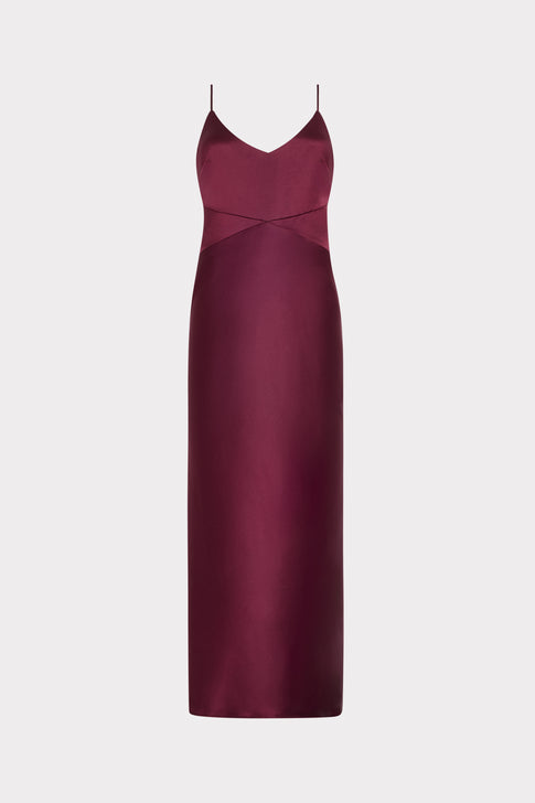 Burgundy Satin Nyssa Maxi Dress - Front Flat View, V-Neck & Crossover Waist | MILLY