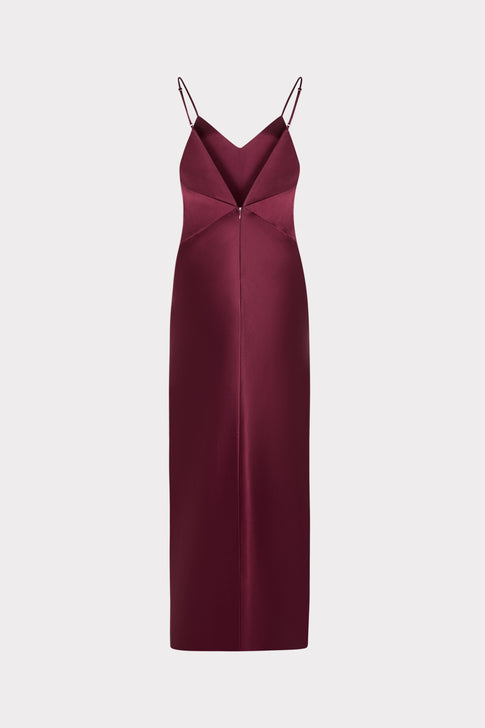 Burgundy Designer Satin Nyssa Maxi Dress - Back Flat View, Center Seam & Zip Detail | MILLY