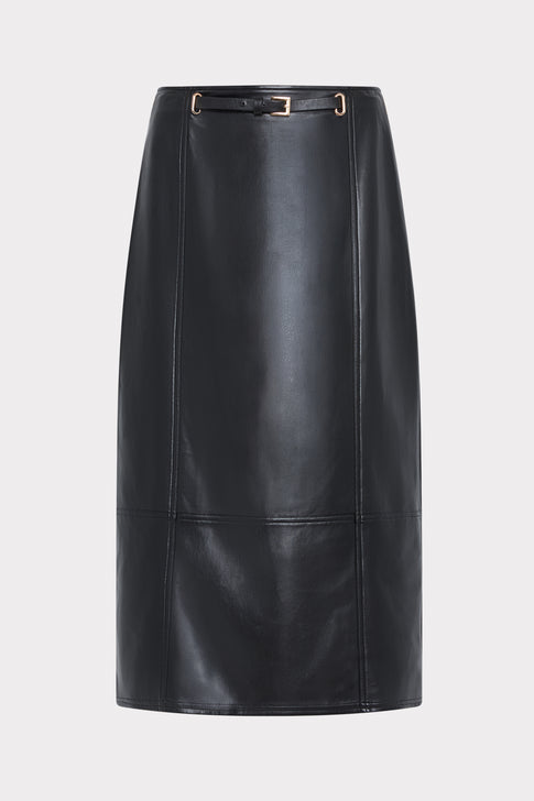 Black Vegan Leather Midi Skirt - Front View, Belted Waist with Gold Hardware | MILLY