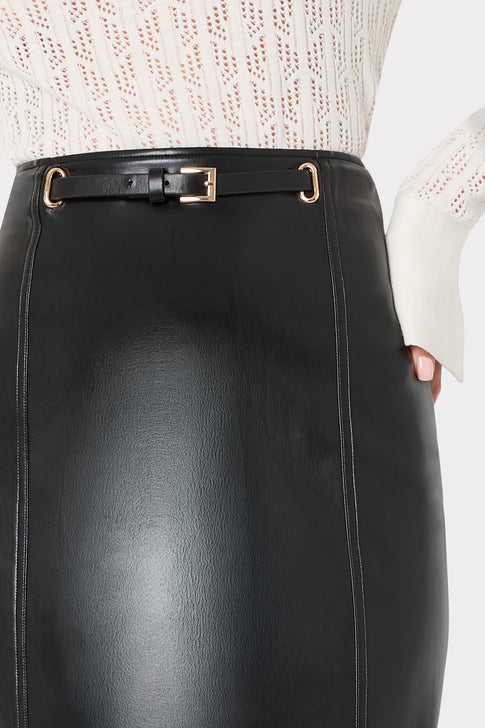 Black Vegan Leather Midi Skirt - Waist Close-Up, Gold Buckle Belt Detail | MILLY