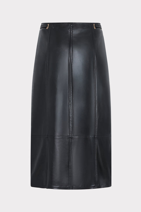 Black Vegan Leather Midi Skirt - Back View, Center Seam and Panel Construction | MILLY