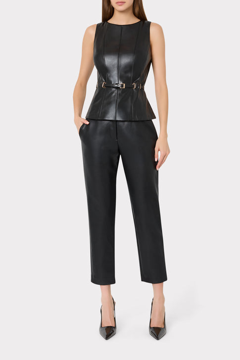 Black Faux Leather Sleeveless Peplum Top On Model, Styled with Trousers | MILLY