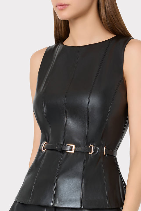 Black Faux Leather Peplum Top - Gold Buckle Belt Detail Close-Up | MILLY