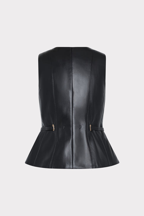 Black Faux Leather Structured Peplum Top - Back View with Gold Hardware | MILLY
