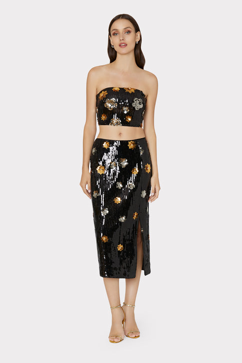 3D Floral Sequins Skirt Black Multi Image 2 of 4
