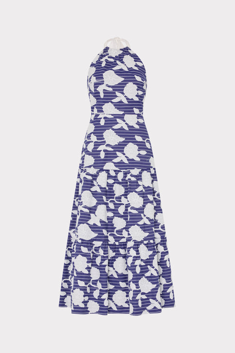 Blue White Floral Embroidered Hayden Halter Midi Dress - Front View | MILLY