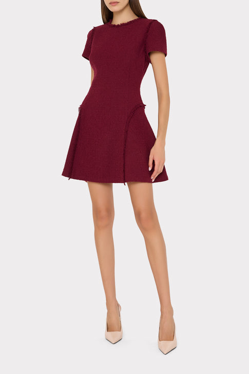 Burgundy Boucle Mini Dress - On Model Front View, Designer Fringe-Trim Detail | MILLY