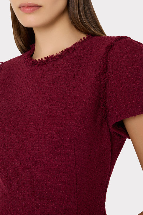 Burgundy Luxury Boucle Mini Dress - Close-Up Neckline & Fringe Trim Detail | MILLY
