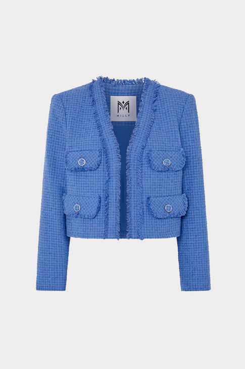 Blue Boucle Serena Jacket with Fringe Trim - Front View | MILLY