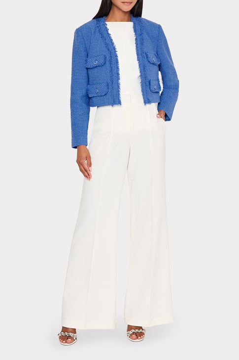 Blue Boucle Serena Jacket Over White Dress - Styled Look | MILLY
