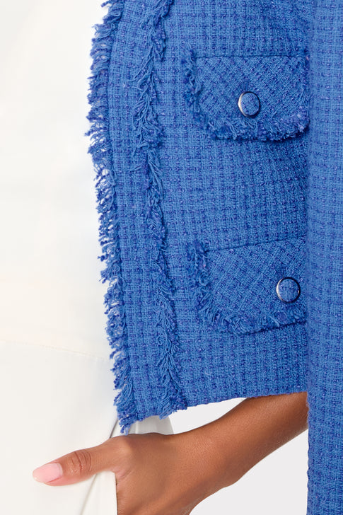 Blue Boucle Fabric with Fringe Detail and Button - Close-up | MILLY
