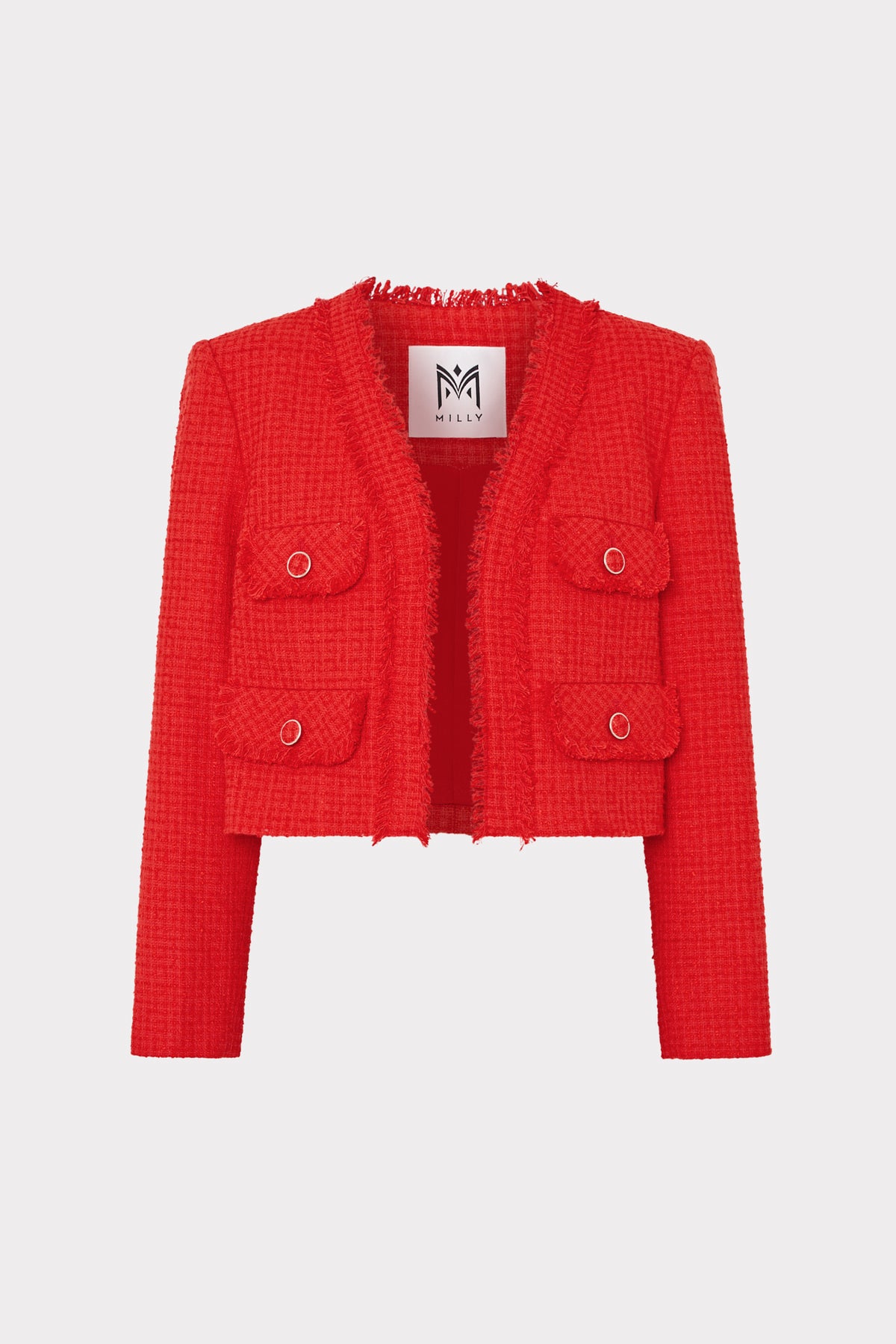 Red Boucle Serena Jacket with Fringe Trim - Front View | MILLY