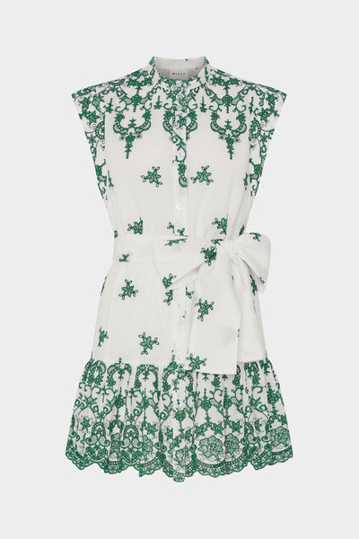 white green dress Neelie Embroidered Mini Dress in White/Green