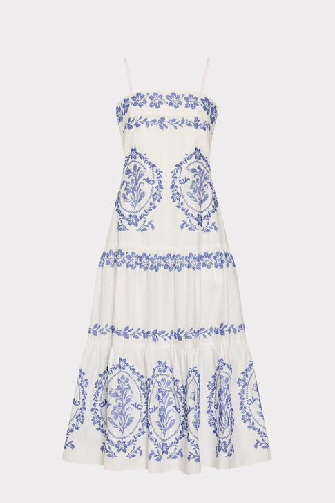 White Blue Cotton Embroidered Midi Dress - Front Flat View | MILLY