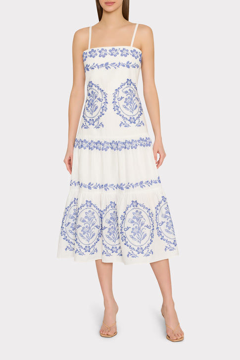 White Blue Lela Embroidered Midi Dress - On Model Front View | MILLY
