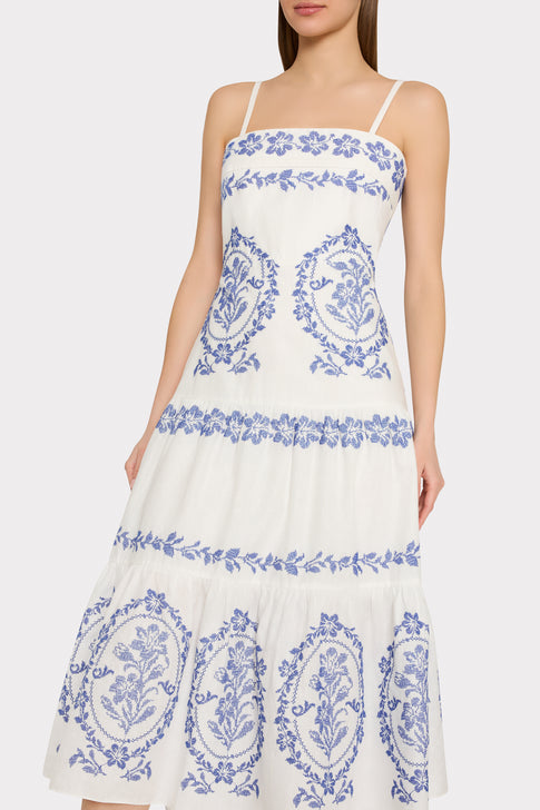 Blue Floral Embroidery Detail on White Cotton Midi Dress - Bodice Close-Up | MILLY