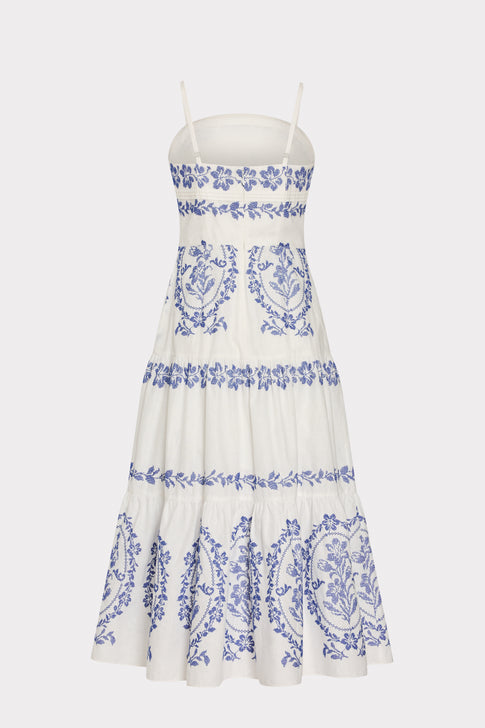 Lela Embroidered Midi Dress in White/Blue