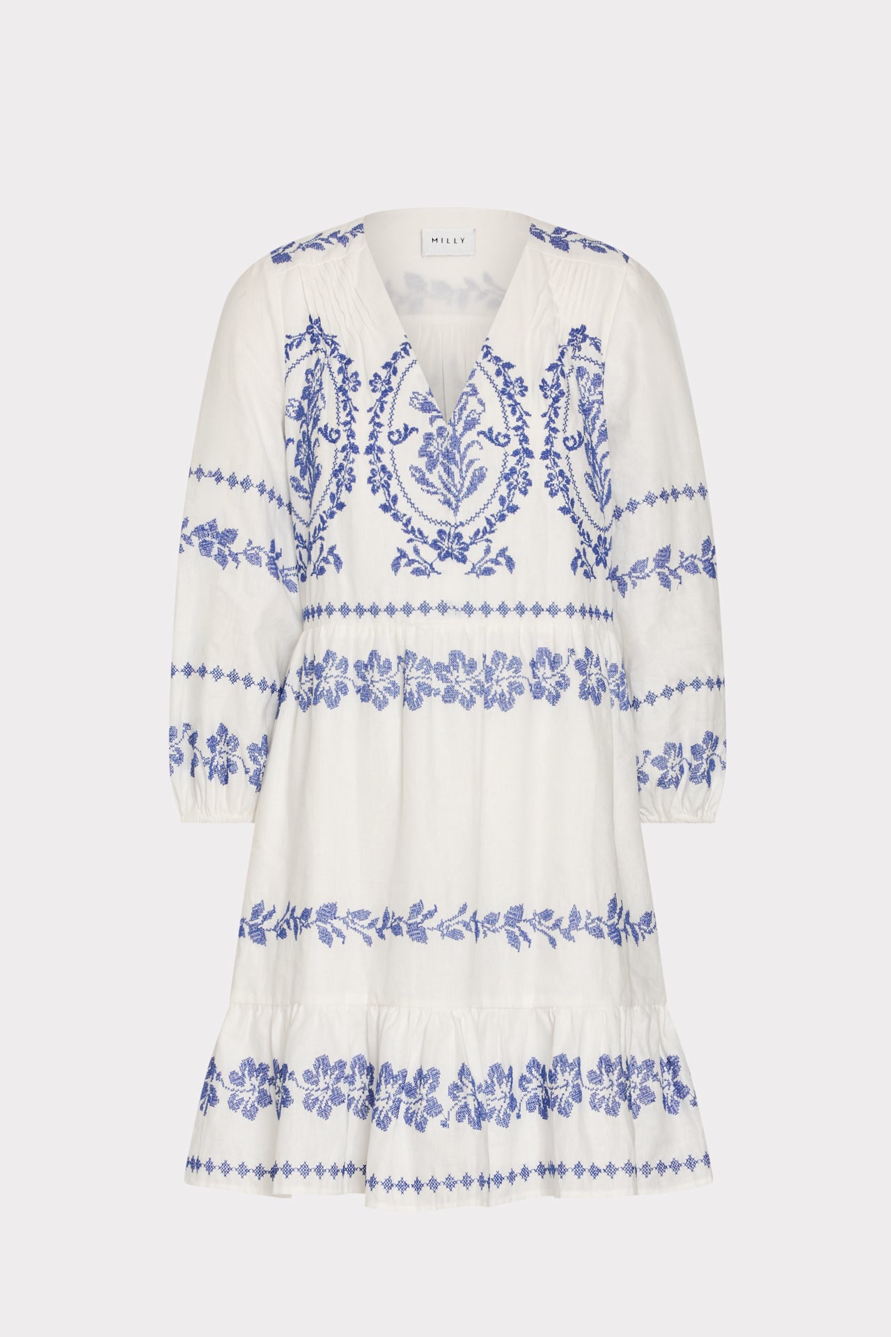Lene Embroidered Mini Dress in White/Blue