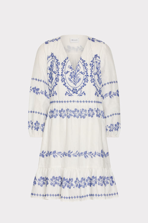 White Blue Cotton Embroidered Mini Dress - Flat Lay, Split Neckline & Flounced Hem | MILLY