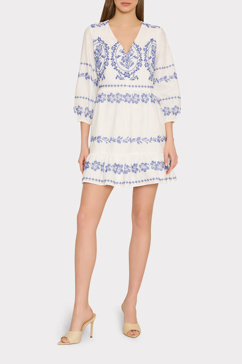 White Blue Lene Embroidered Mini Dress - On Model Front View, Elegant Floral Cotton | MILLY