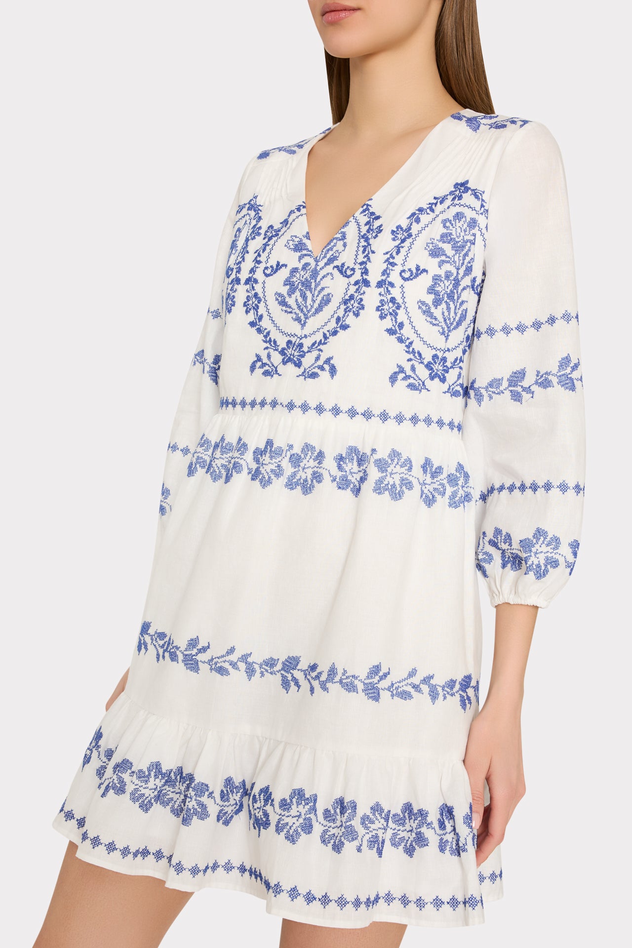 blue dress white embroidery Lene Embroidered Mini Dress in White/Blue
