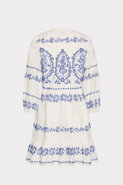 White Blue Cotton Embroidered Mini Dress - Flat Lay Back View, Designer Floral Detail | MILLY