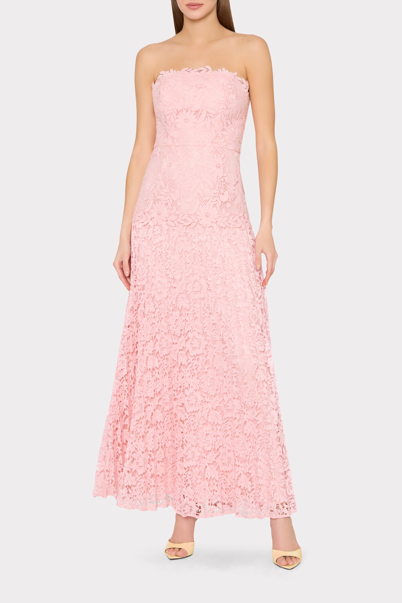 Norelle Strapless Mixed Laces Pleated Maxi Dress in Blush | MILLY
