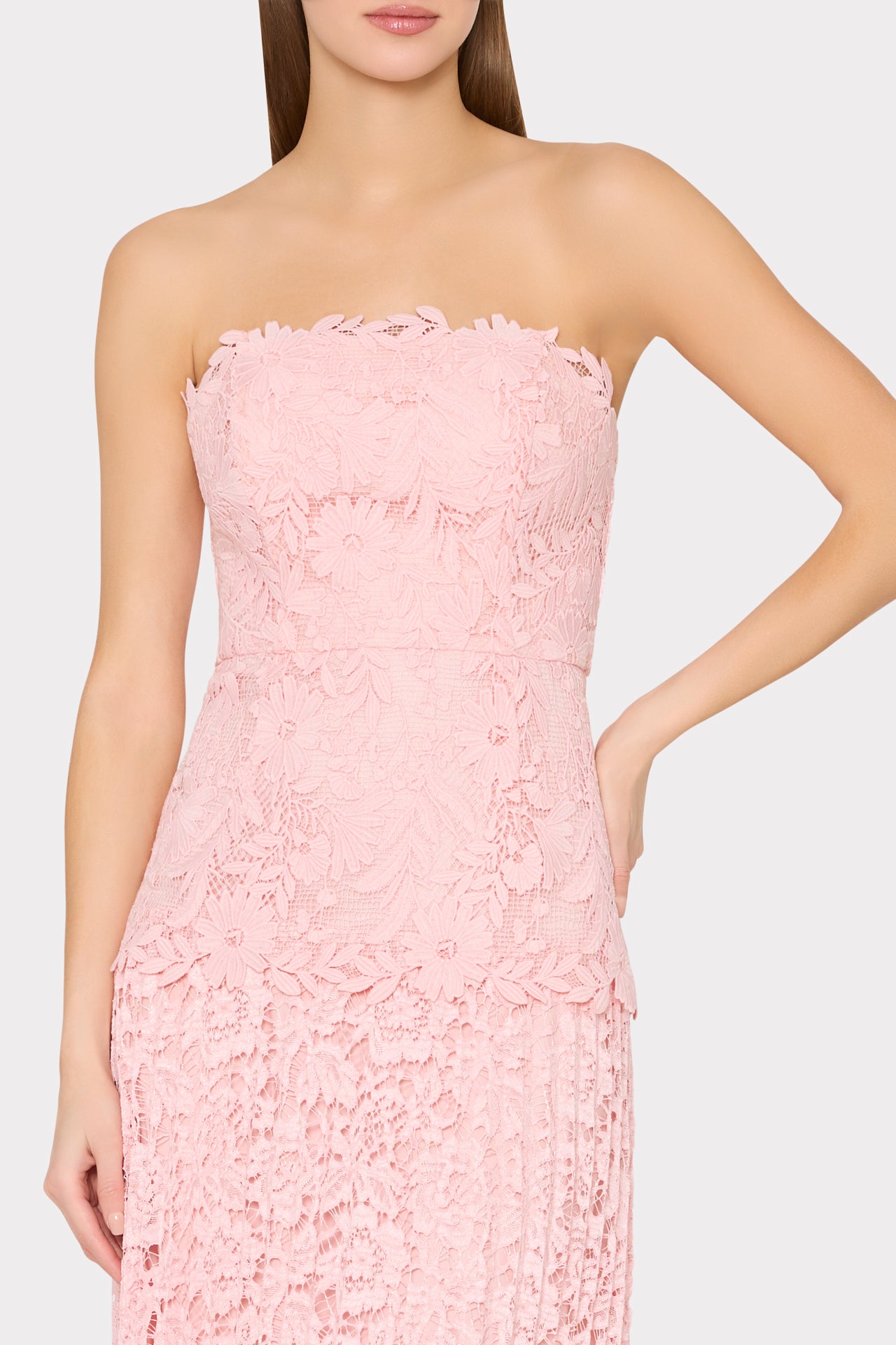Norelle Strapless Mixed Laces Pleated Maxi Dress in Blush | MILLY