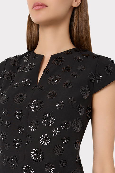 Black Floral Sequin Mini Dress - Split Neckline Close-Up Detail | MILLY