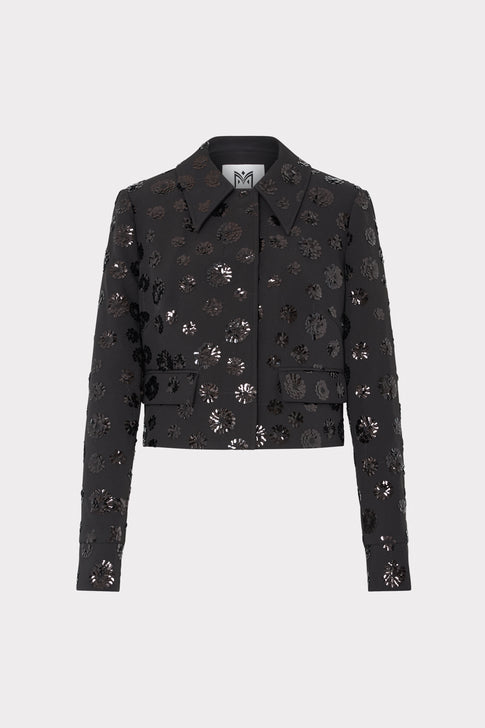 Black Floral Sequin Cropped Jacket - Front Flat View | MILLY