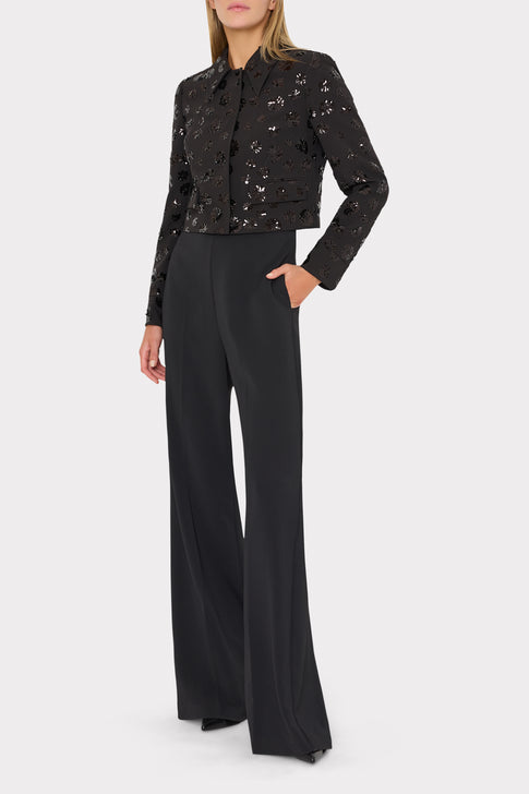 Black Sequin Floral Jacket on Model with Wide-Leg Trousers - Side View | MILLY