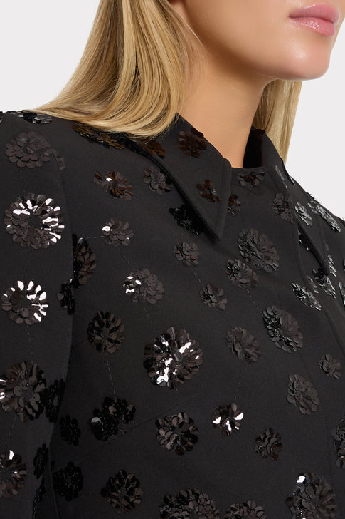 Black Luxury Sequin Jacket - Floral Embellishment Close-Up Detail | MILLY