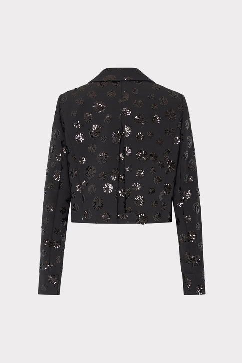 Black Designer Floral Sequin Cropped Jacket - Back View | MILLY
