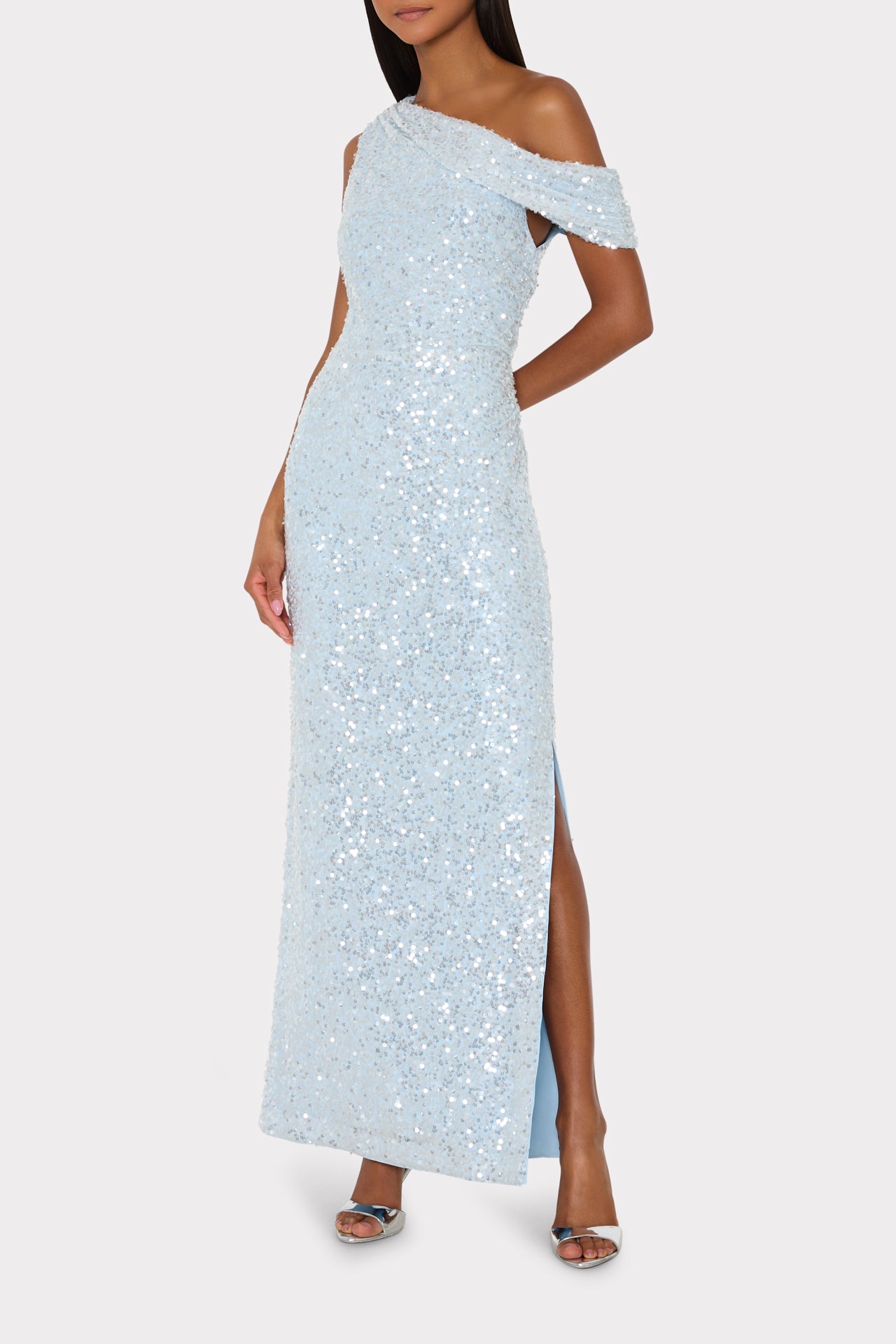 open lace back dress Zapaka Women Sparkly Sequins Light Blue Prom Dress with Slit Mermaid Spaghetti Straps Party Dress, Light Blue / UK12 main image 1