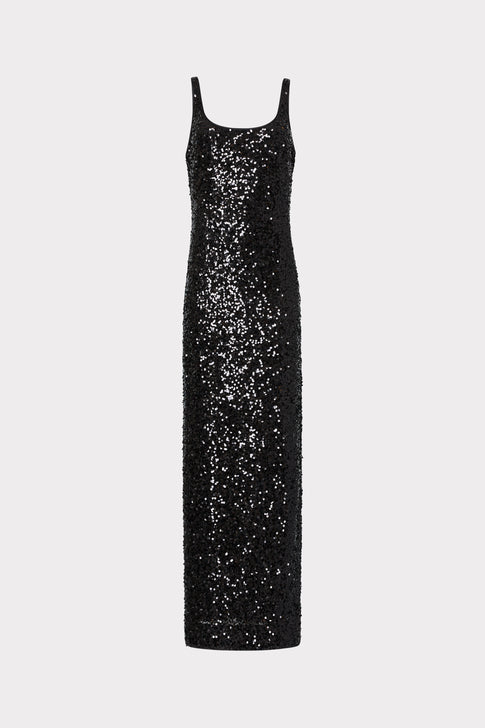 Tatum Stretch Shimmer Sequins Scoop Neck Dress in Black