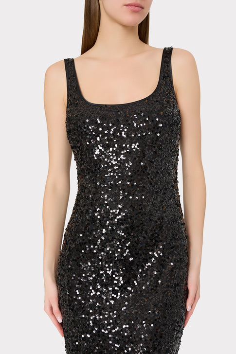 Black Shimmer Sequin Evening Dress - Close-up Detail View | MILLY