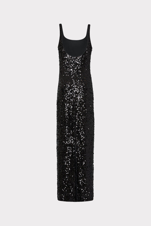 Black Sequin Elegant Maxi Gown with Low Scoop Back - Flat Lay | MILLY