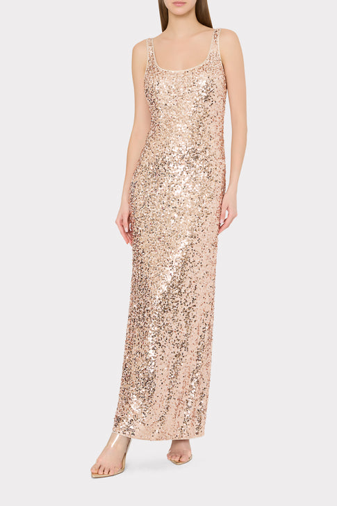 Champagne Sequin Tatum Maxi Dress - Front View On Model | MILLY
