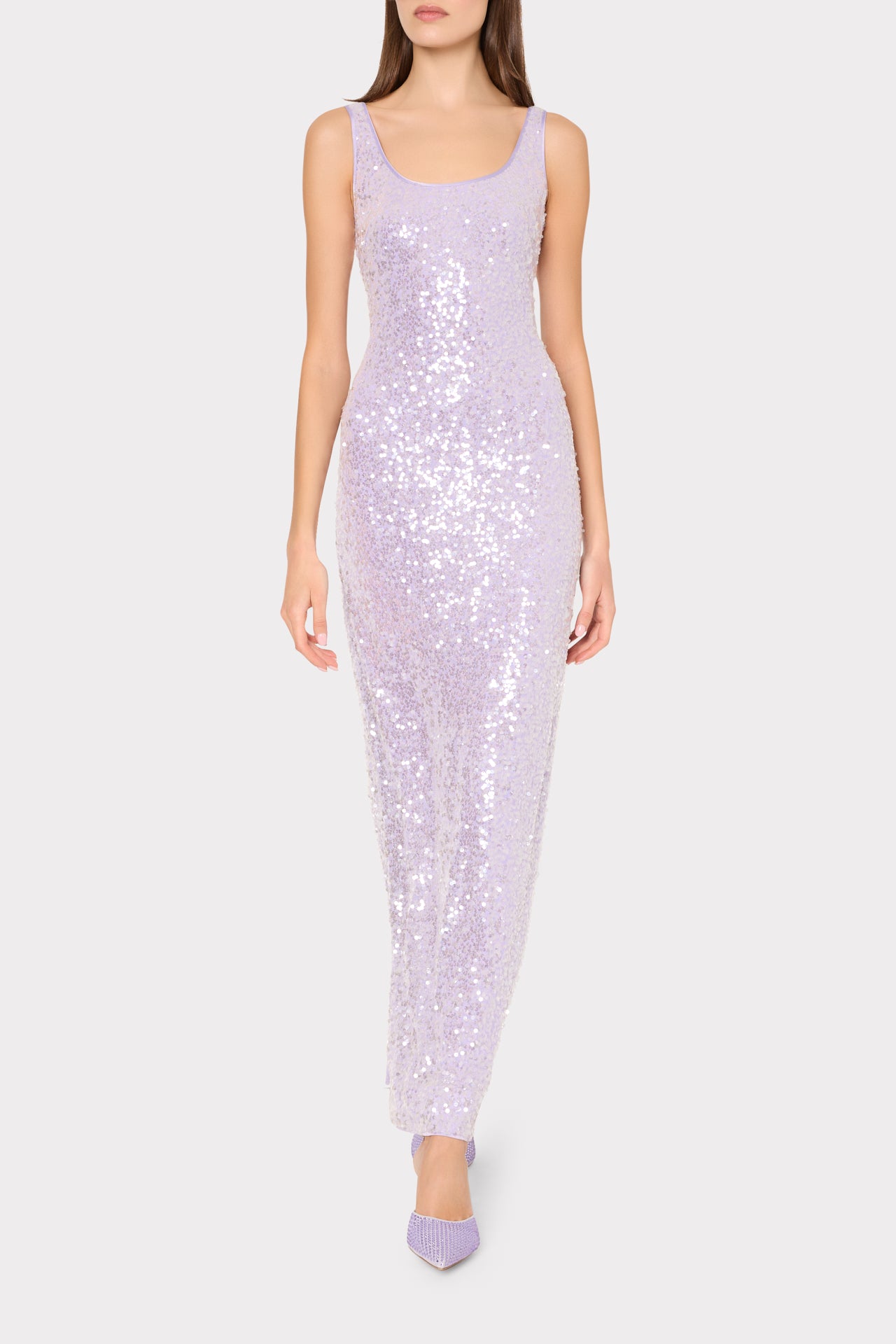 Tatum Stretch Shimmer Sequins Scoop Neck Dress in Lilac