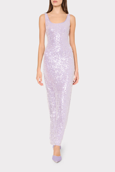 Model wearing Tatum Stretch Shimmer Sequin Dress in lilac - Front View | MILLY