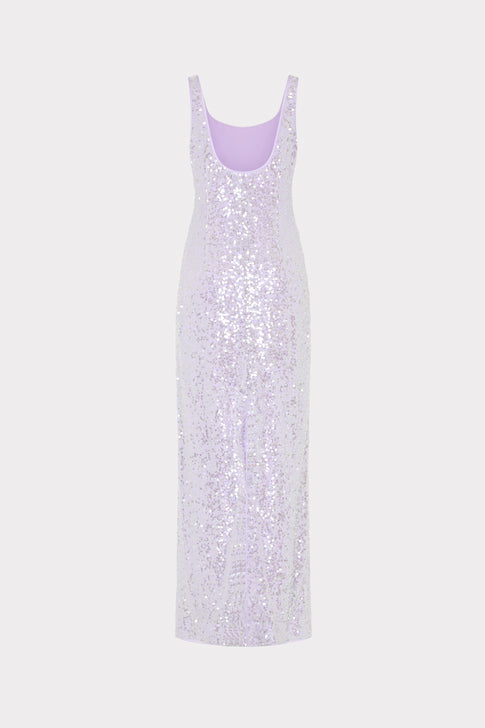 Lilac Tatum Sequin Maxi Dress showing back scoop detail - Back View | MILLY